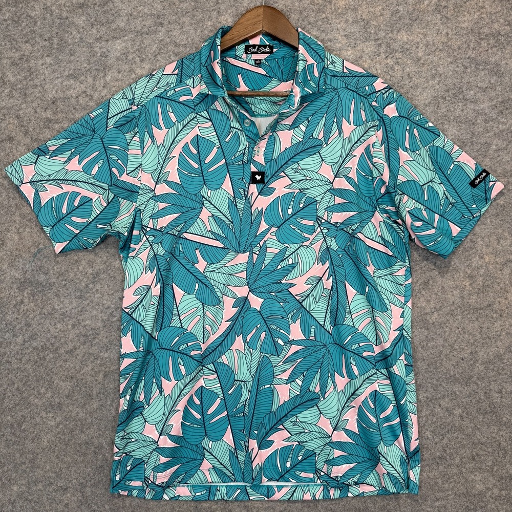 Bad Birdie Golf Polo Shirt Mens Large Palmnado Teal Pink Leaves Floral Tee